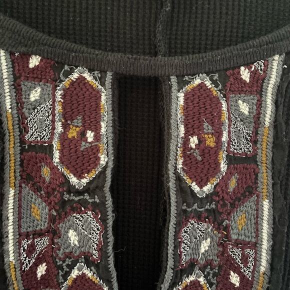 Free People x Marion Black Burgundy Embroidered Waffle Thermal Top Long Sleeve - Picture 3 of 9